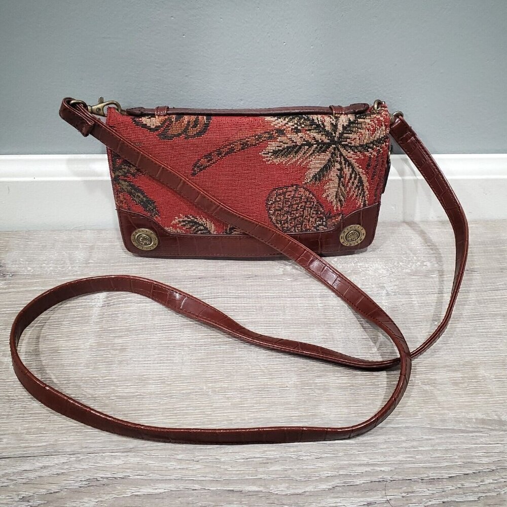 Maggi B Burgundy Red Tapestry Clutch Purse Handbag Organizer Crossbody Palm Tree